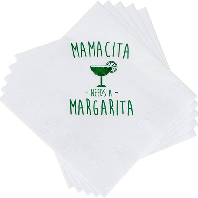 A stack of napkins with the words mamacita needs a margarita written on them.