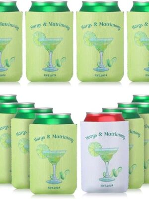 A group of lime green cans and sleeves with drinks on them.