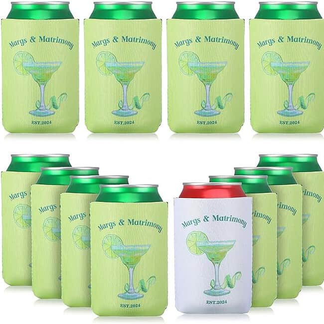A group of lime green cans and sleeves with drinks on them.