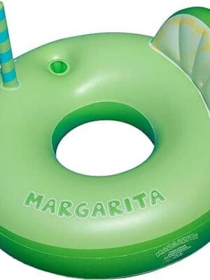 A green inflatable float with a straw in it.