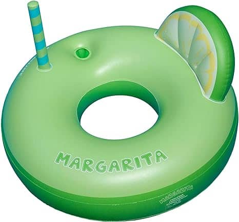 A green inflatable float with a straw in it.