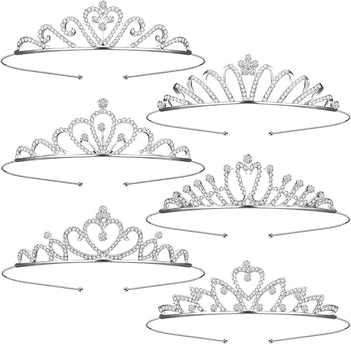 A set of six different crowns with various designs.