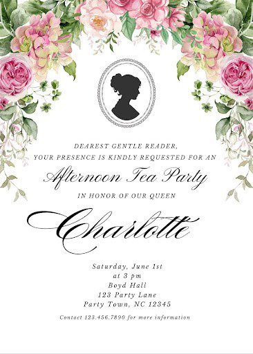 A tea party invitation with flowers and a portrait.