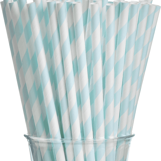 A cup full of paper straws in blue and white.