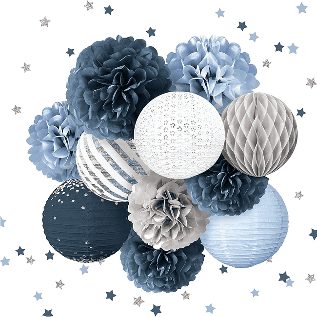 A bunch of blue and white paper decorations