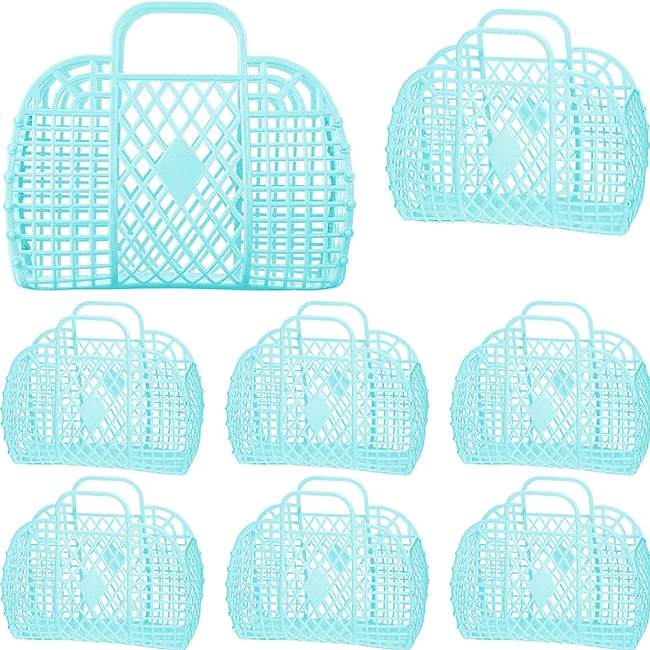 A set of eight blue plastic baskets.