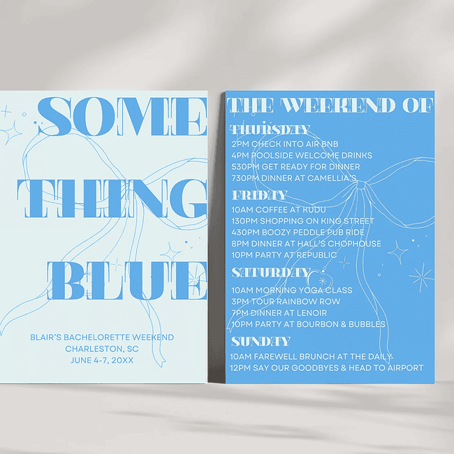 A wedding program and menu for something blue.