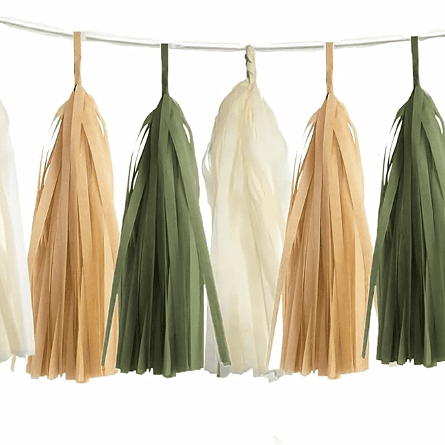 A string of paper tassels in green, white and brown.