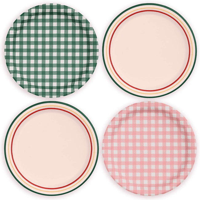 Four plates with a checkered pattern and red border.