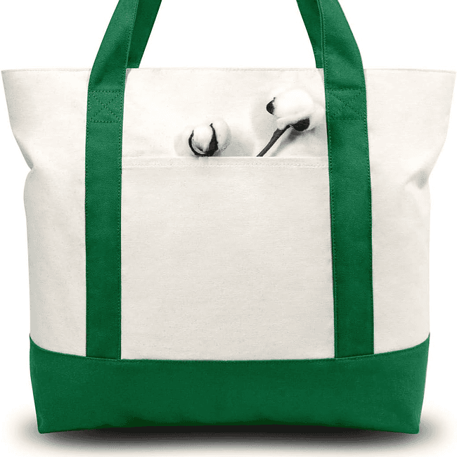 A white bag with green handles and two ear buds in it.