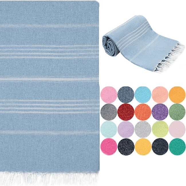 A blue towel with white stripes on it.