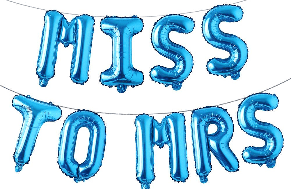 A blue balloon banner that says miss to mrs.