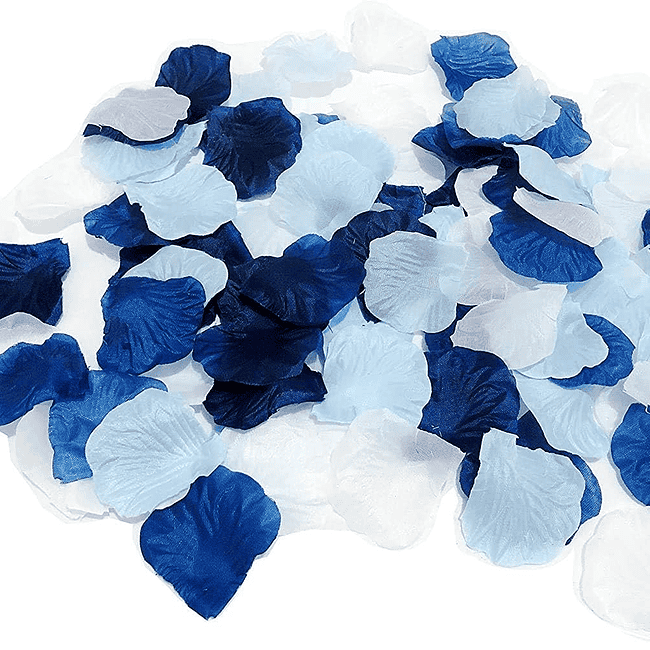 A pile of blue and white petals on top of each other.