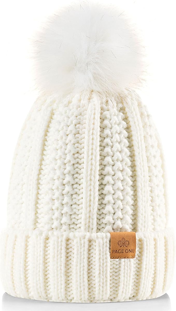 PAGE ONE Womens Winter Thick Cable Knit Beanie Faux Fur Pom Hat Fleece Lined Skull Cap