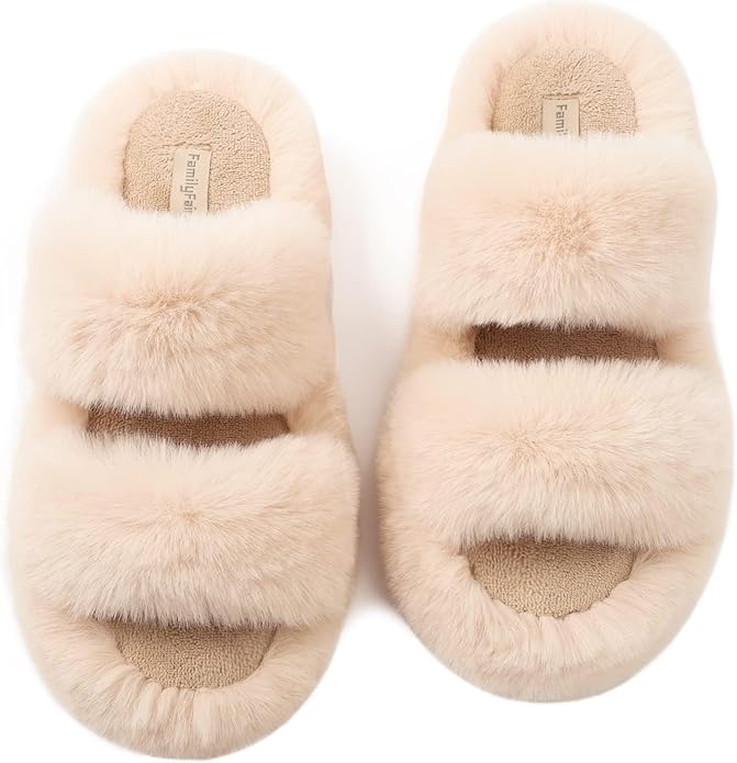 FamilyFairy Women's Fluffy Faux Fur Slippers Comfy Open Toe Two Band Slides with Fleece Lining and Rubber Sole