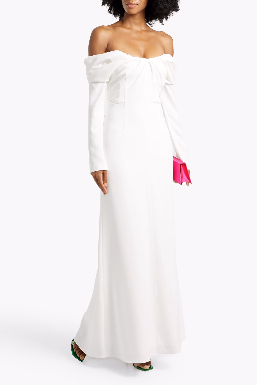 The Chicest White Dresses To Wear To Your Winter Bridal Shower 6 Off-The-Shoulder Pleated Cady Maxi